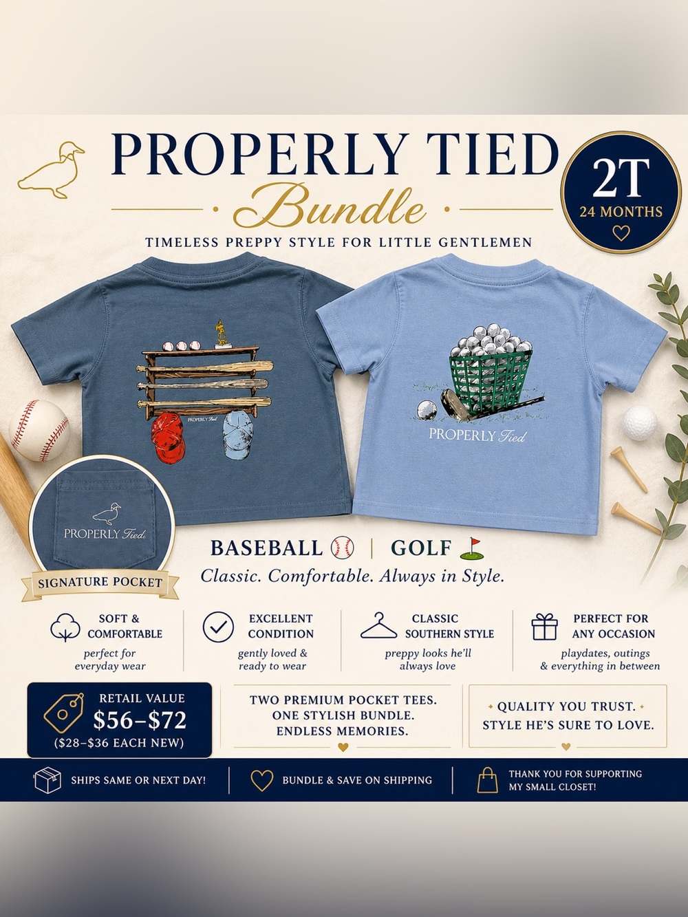 Properly Tied Boys 24M T-Shirt Bundle | Baseball & Golf Pocket Tees